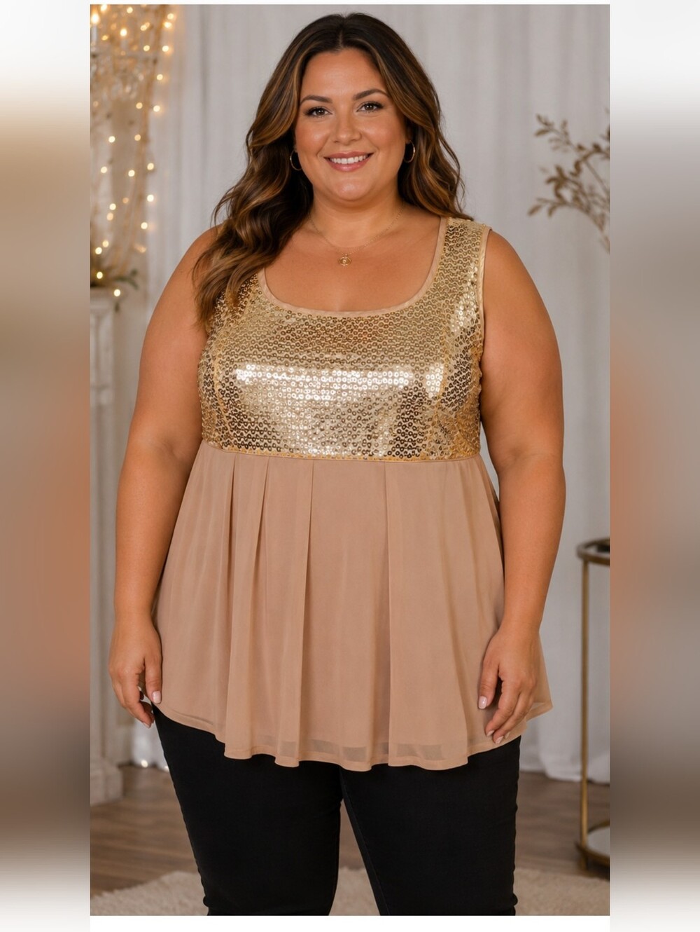 Candlelight & Champagne Gold Sequin Sheer Overlay Tank Top 18W